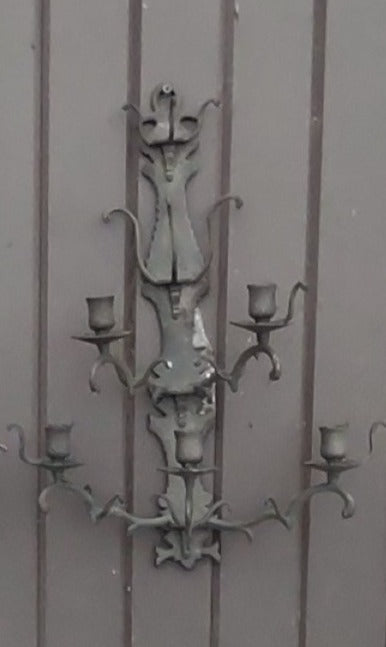 PAIR OF TALL BRASS  5 LIGHT CANDLE SCONCES AS FOUND