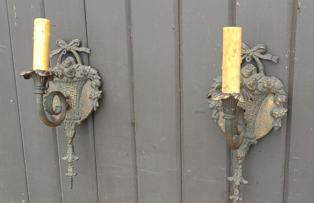 PAIR OF SMALL BRASS FLOWER BASKET SINGLE LUGHT WALL SCONCES