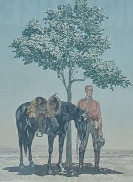 PRINT OF A MAN AND A HORSE BY A TREE