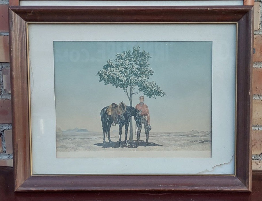 PRINT OF A MAN AND A HORSE BY A TREE