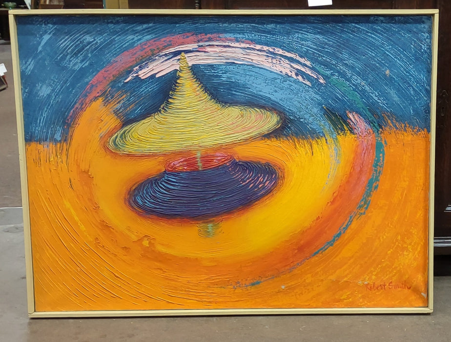 MODERN ORANGE AND BLUE OIL PAINTING WITH FLYING SAUCERS-AS FOUND
