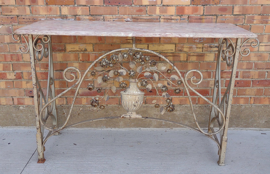 METAL BASE FLORAL CONSOLE WITH MARBLE TOP