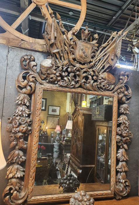 LARGE 19TH CENTURY ORNATELY PIERCE CARVED GERMAN MIRROR WITH EAGLE AND FLAGS PEDIMENT