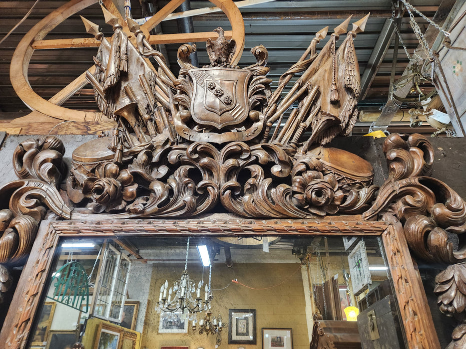 LARGE 19TH CENTURY ORNATELY PIERCE CARVED GERMAN MIRROR WITH EAGLE AND FLAGS PEDIMENT