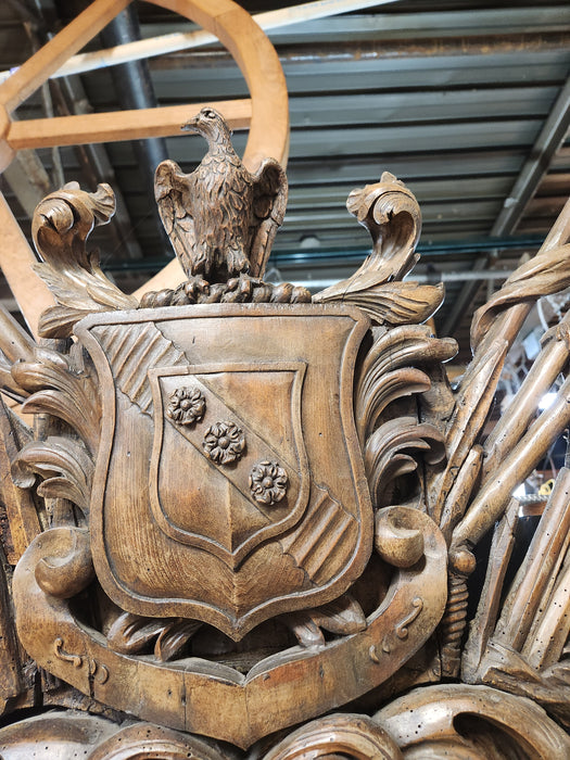 LARGE 19TH CENTURY ORNATELY PIERCE CARVED GERMAN MIRROR WITH EAGLE AND FLAGS PEDIMENT