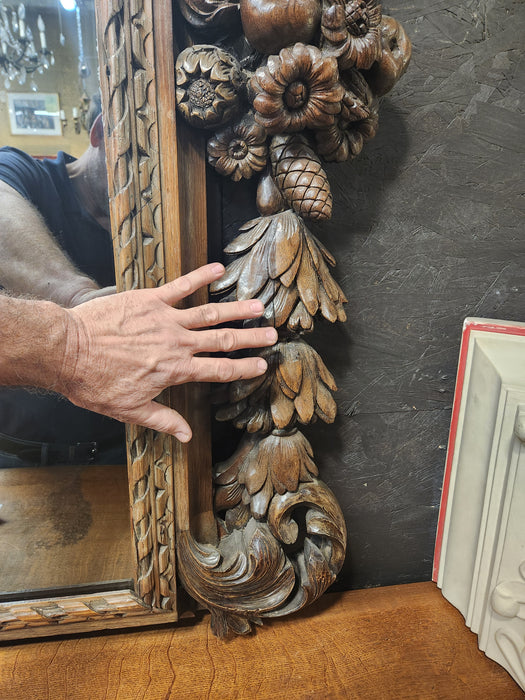 LARGE 19TH CENTURY ORNATELY PIERCE CARVED GERMAN MIRROR WITH EAGLE AND FLAGS PEDIMENT