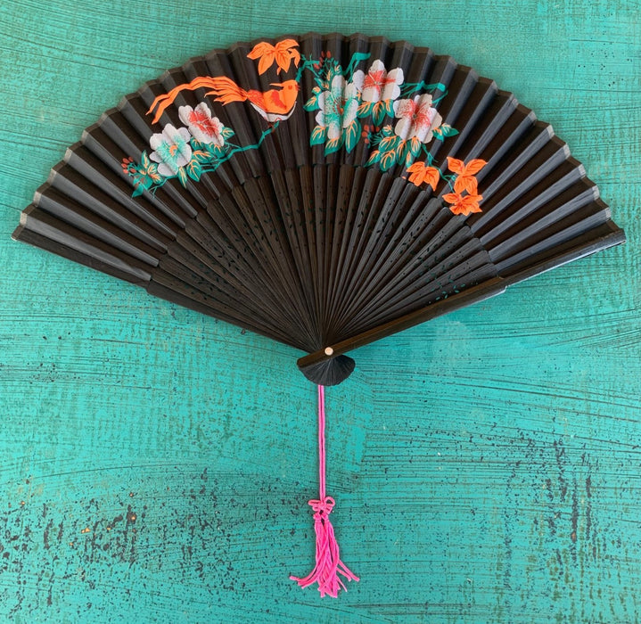 ASIAN BLACK CLOTH FAN WITH BIRDS & FLOWERS