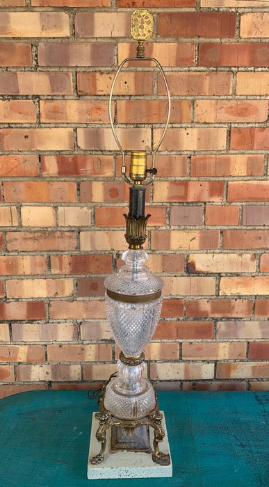 CRYSTAL URN LAMP WITH GOLD SPELTER LION BASE