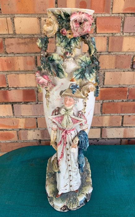 ANTIQUE PORCELAIN FLORAL URN WITH LADY FIGURE