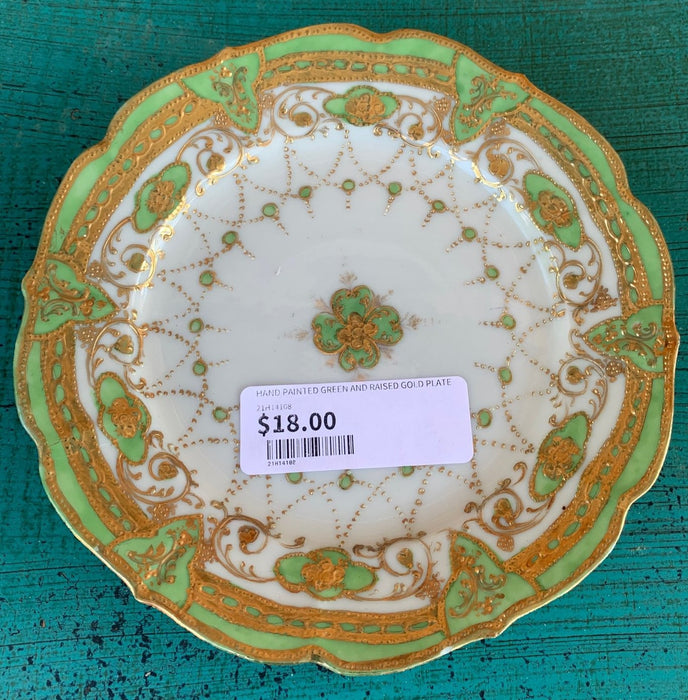 HAND PAINTED GREEN AND RAISED GOLD PLATE