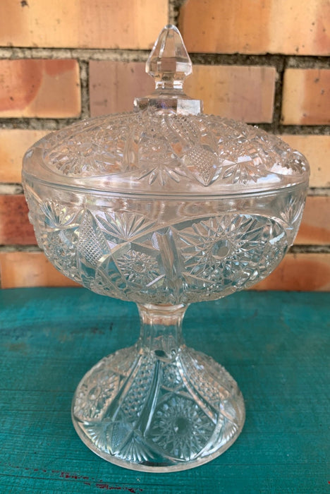 PRESSED GLASS FOOTED COMPOTE WITH LID