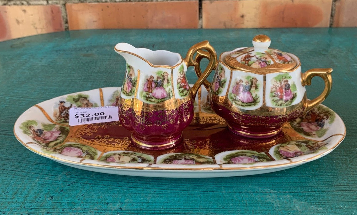 DECORATED PORCELAIN CREAMER AND SUGAR ON TRAY