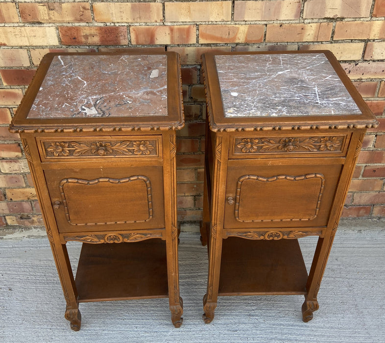 PAIR OF LOUIS XV WALNUT MARBLE TOP STANDS