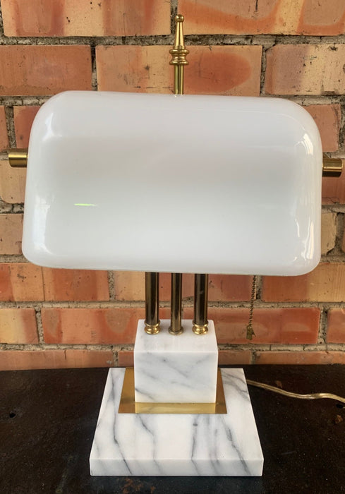 WHITE GLASS, MARBLE, AND BRASS DESK LAMP
