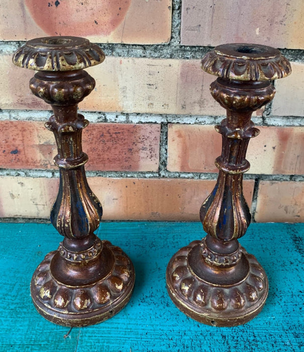 PAIR OF CARVED BRONZE FINISH WOOD CANDLE STICKS