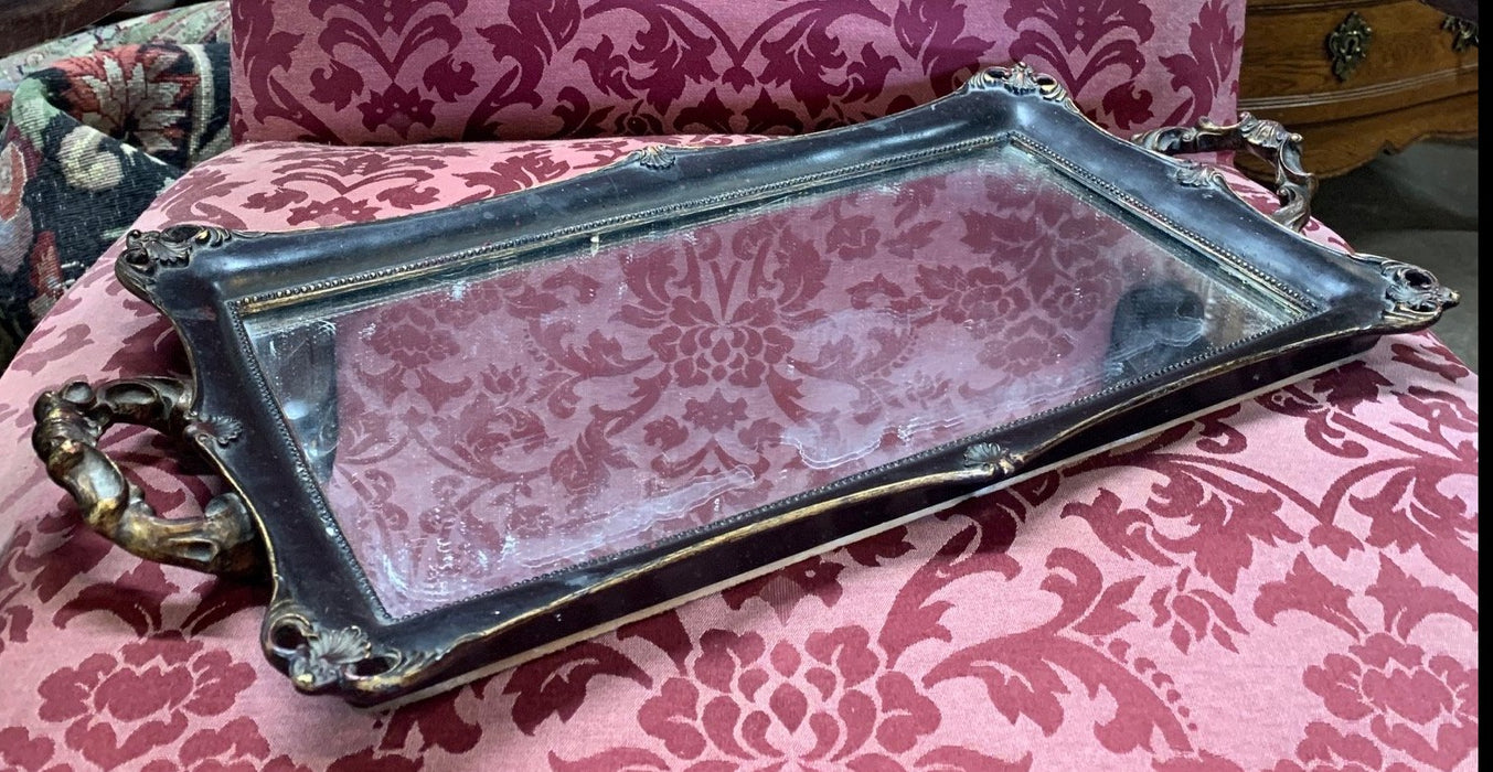 MIRROR DRESSER TRAY WITH BLACK FRAME AND HANDLES - NOT OLD