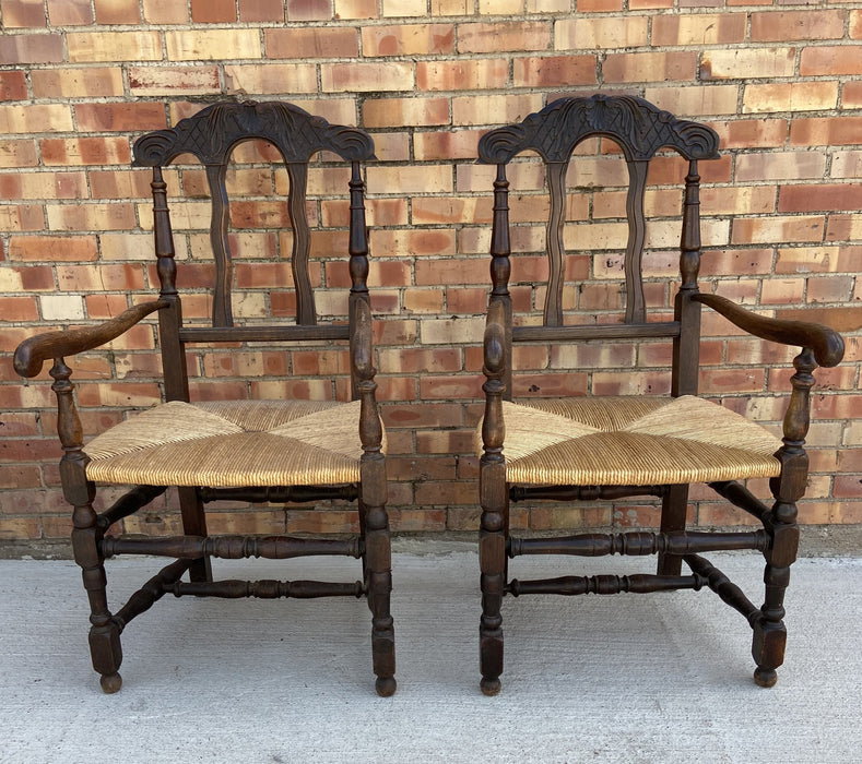 PAIR OF LOUIS XIV SHELL CARVED OAK ARMCHAIRS WITH RUSH WOVEN SEATS