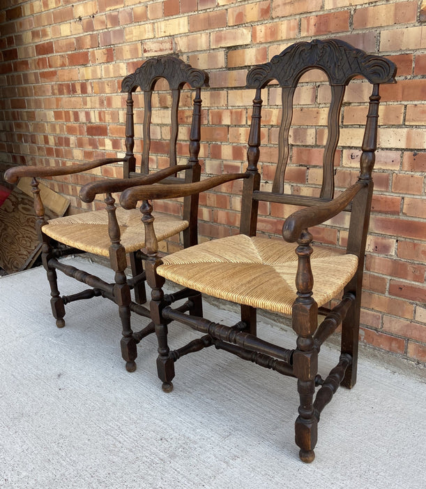 PAIR OF LOUIS XIV SHELL CARVED OAK ARMCHAIRS WITH RUSH WOVEN SEATS