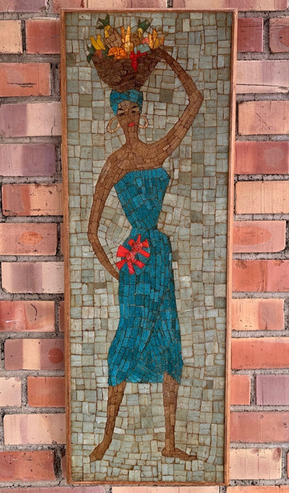 VERTICAL MOSAIC TILE OF TROPICAL WOMAN WITH FRUIT BASKET