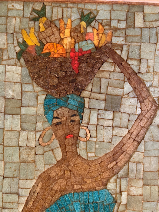 VERTICAL MOSAIC TILE OF TROPICAL WOMAN WITH FRUIT BASKET