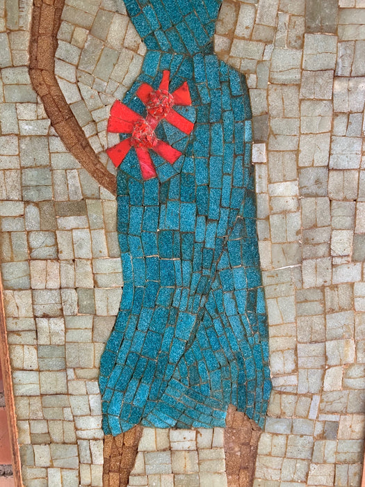 VERTICAL MOSAIC TILE OF TROPICAL WOMAN WITH FRUIT BASKET