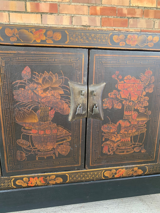 CHINESE BLACK LACQUER CABINET ON STAND - AS FOUND