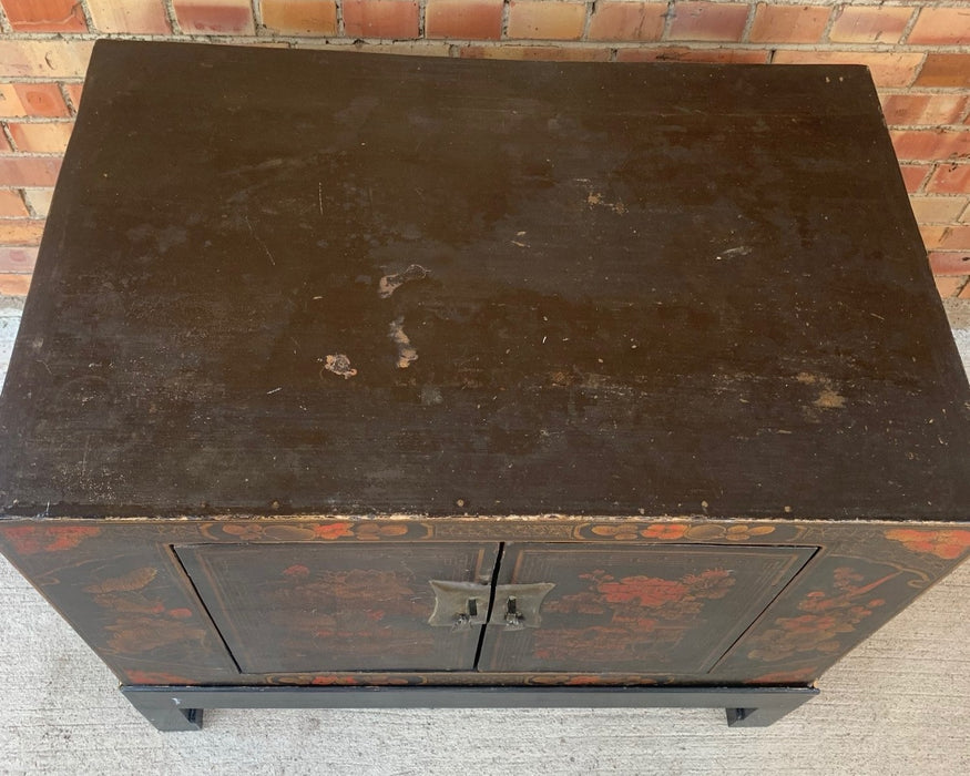 CHINESE BLACK LACQUER CABINET ON STAND - AS FOUND