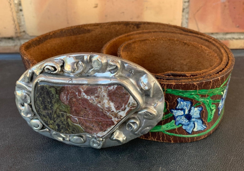 SILVER WITH STONE BUCKLE ON BROWN BELT