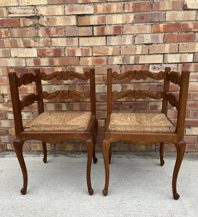 PAIR OF LOUIS XV OAK CORNER CHAIRS WITH RUSH WOVEN SEATS
