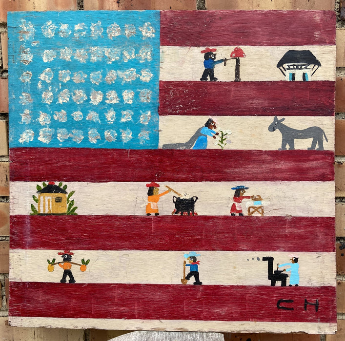 FOLK ART OIL PAINTING ON BOARD OF A FLAG AND FARM WORKERS BY CLEMENTINE HUNTER