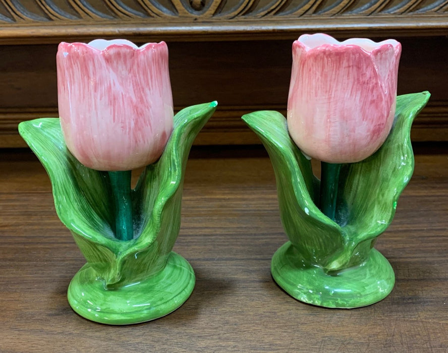 PAIR OF PINK TULIP CANDLE HOLDERS - AS FOUND