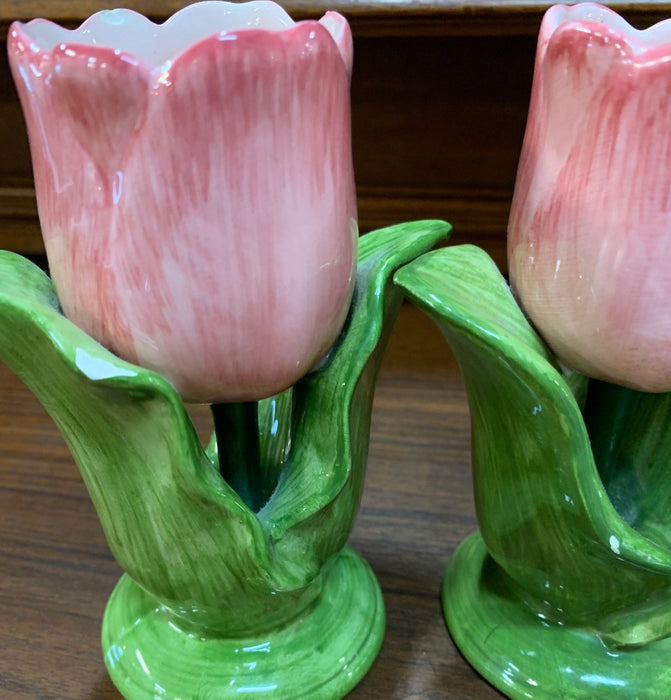 PAIR OF PINK TULIP CANDLE HOLDERS - AS FOUND