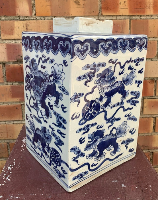 LARGE BLUE AND WHITE SQUARE VASE