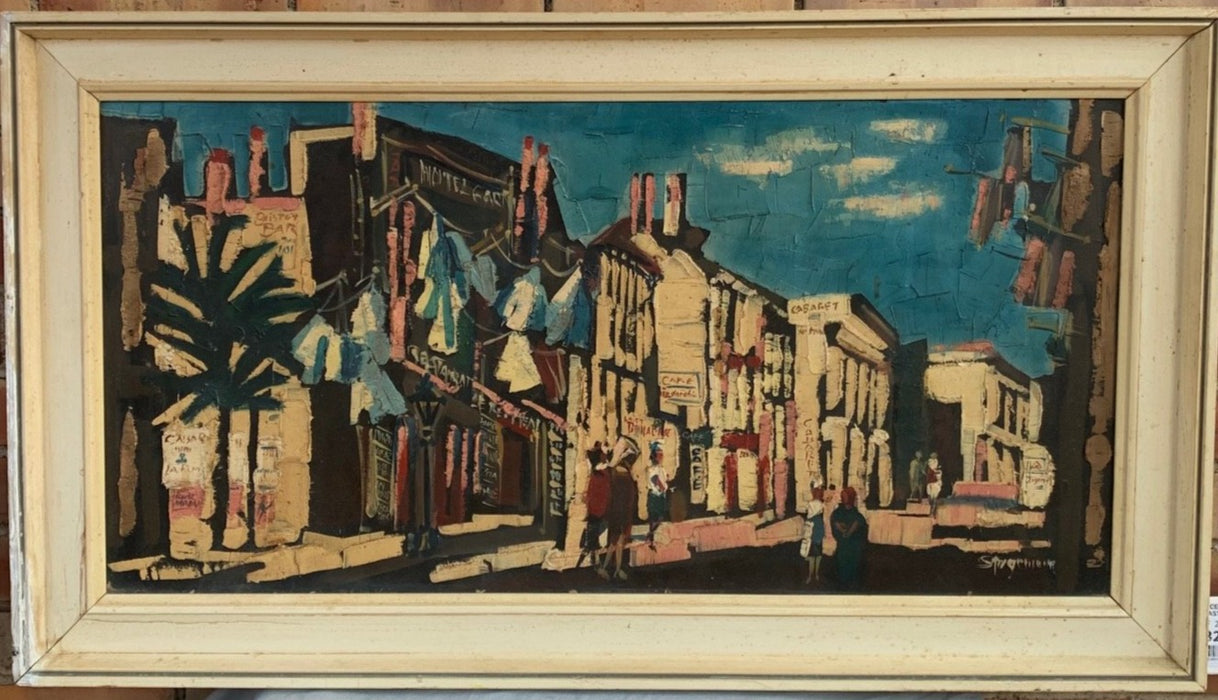 MID CENTURY STREET SCENE IMPASTO OIL PAINTING ON CANVAS