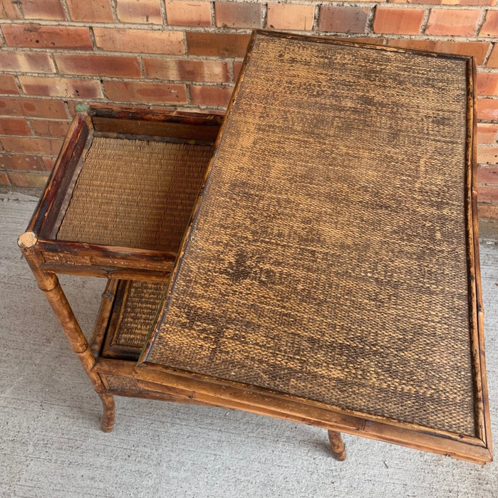 ANTIQUE ENGLISH BAMBOO ROTATING FLIP TOP GAME TABLE CART