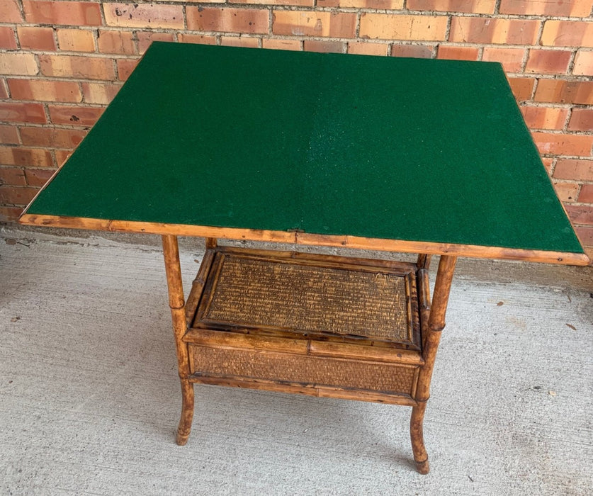 ANTIQUE ENGLISH BAMBOO ROTATING FLIP TOP GAME TABLE CART