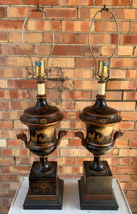 PAIR OF TOLE ROOSTER LAMPS WITH LION HEADS