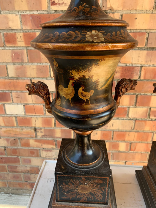 PAIR OF TOLE ROOSTER LAMPS WITH LION HEADS