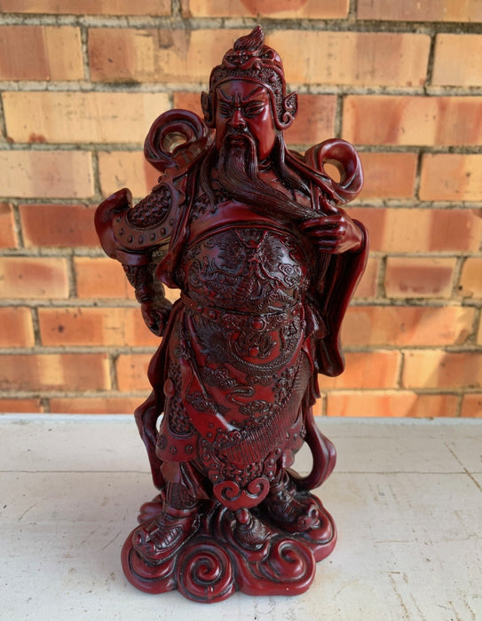 RED RESIN STANDING ASIAN WARRIOR FIGURE