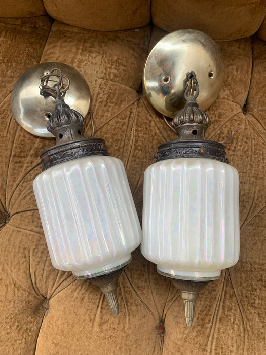 PAIR OF OPAL IRIDESCENT SMALL PENDANT LAMPS