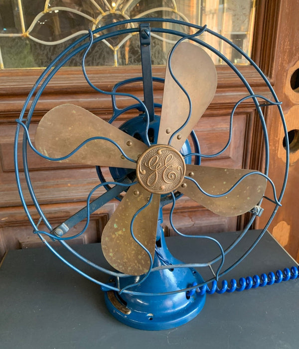 ANTIQUE REWIRED BLUE GE IRON AND BRASS FAN WITH NEW CORD