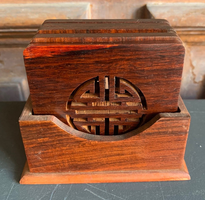 ASIAN WOODEN COASTER SET IN HOLDER