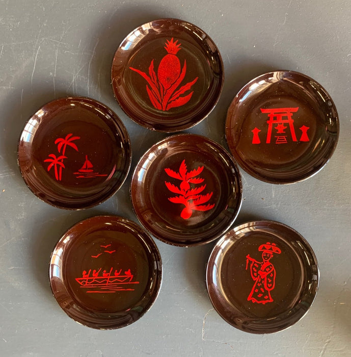 SET OF JAPANESE OKINAWA LACQUERED COASTERS IN BOX3.5"D X 2.25"