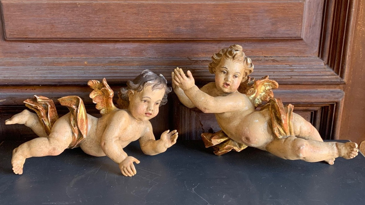 PAIR OF ITALIAN ANTIQUE HAND CARVED GESSO OVER WOOD CHERUBS