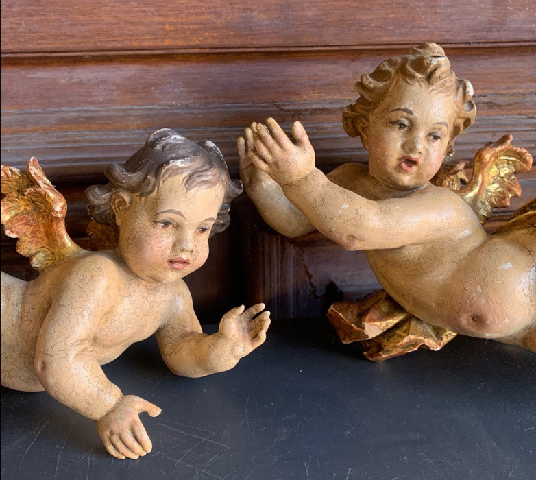 PAIR OF ITALIAN ANTIQUE HAND CARVED GESSO OVER WOOD CHERUBS