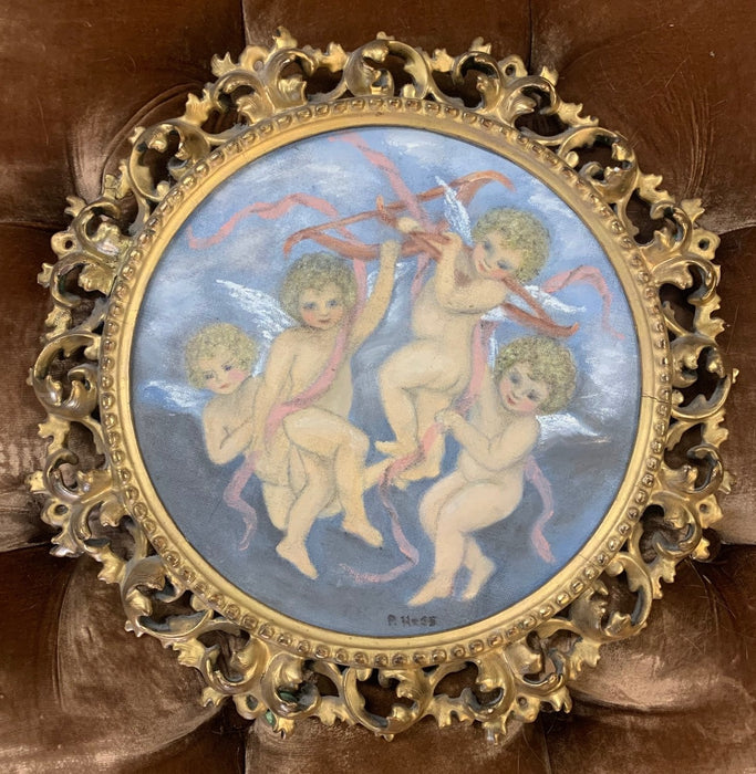 ROUND ITALIAN FANCY GOLD FRAMED CHERUB PAINTING