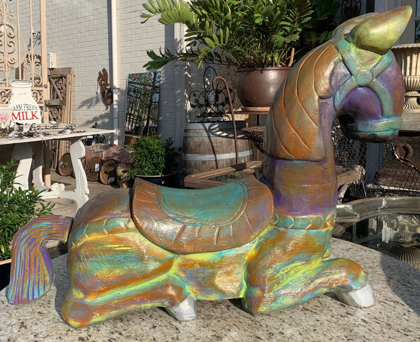 LARGE MULTICOLOR PAINTED HAND CARVED WOODEN HORSE