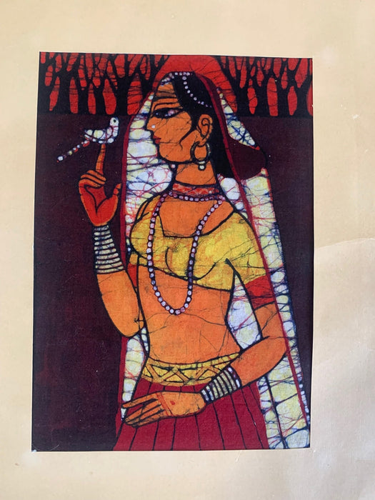 INDIAN PAINTING ON FABRIC OF WOMAN WITH BIRD