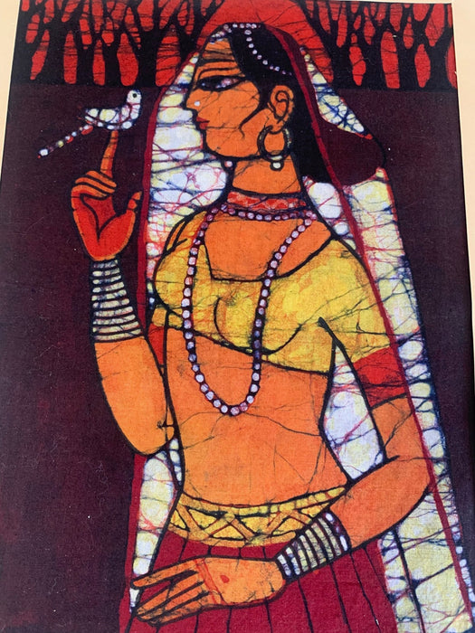 INDIAN PAINTING ON FABRIC OF WOMAN WITH BIRD