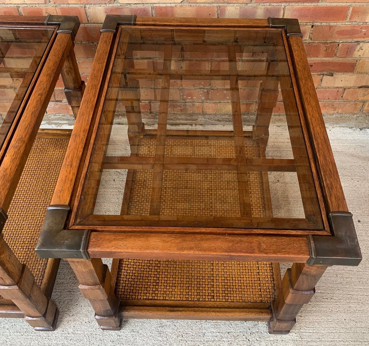 PAIR OF MODERN CANE BOTTOM SMOKEY GLASS TOP END TABLES